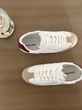 Calvin Klein Women's White Beige Sneakers with Burgundy Heel Accent